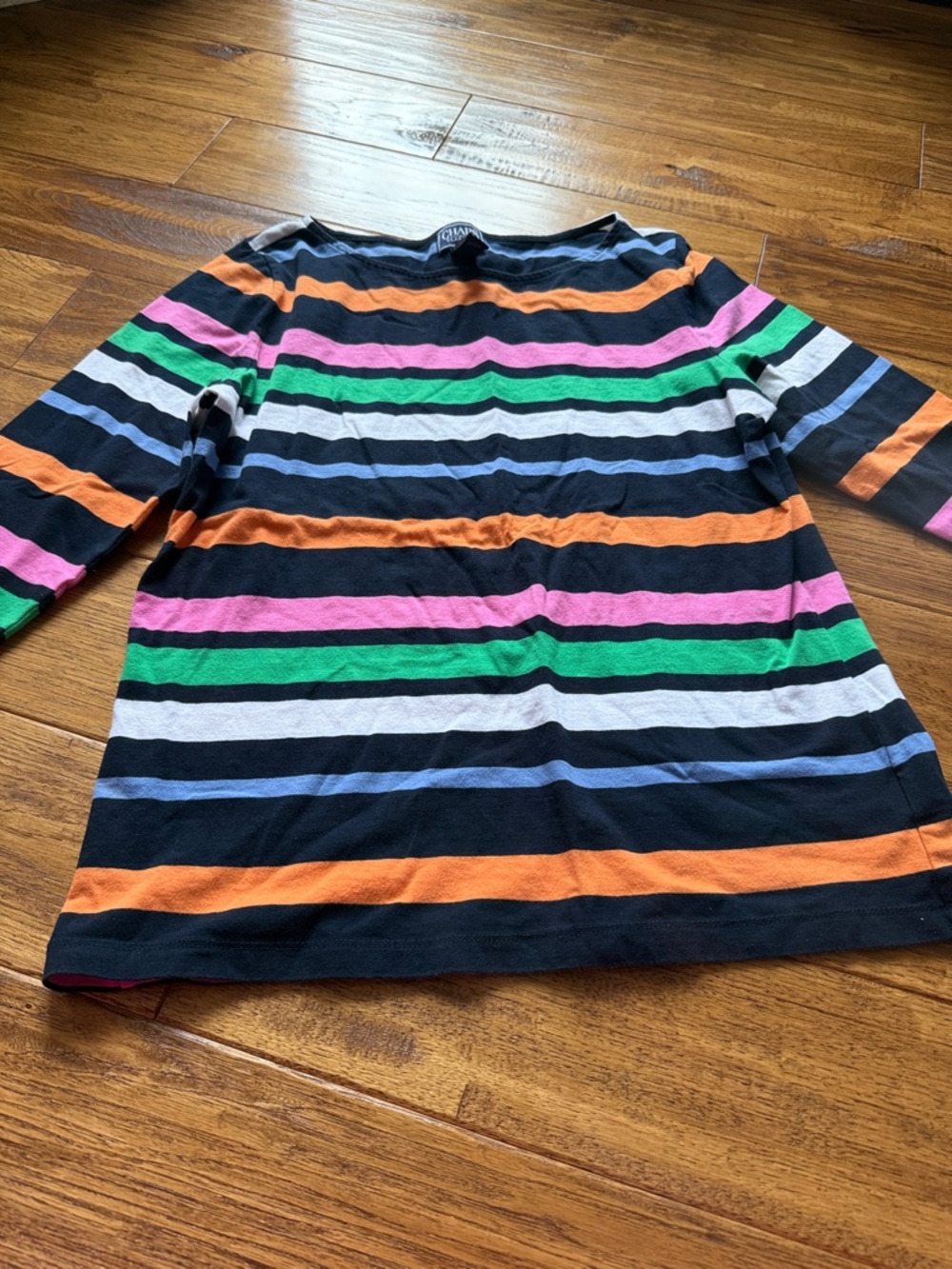 Chaps Black 3/4 Sleeve Tee with Pink, Green, Orange & Blue Stripes